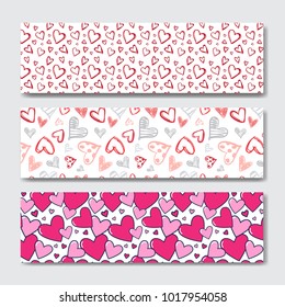 Valentines Day Horizontal Banner Set Decoration Background With Skecth Hearts Vector Illustration