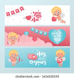 Valentines day horizontal banner set. Cute baby cupid characters with hearts. Amur shoots from a bow, flies in the clouds.