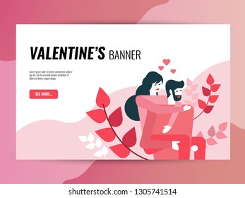 Valentine's day horizontal banner template for website, social media and postcard . flat design elements. vector illustration