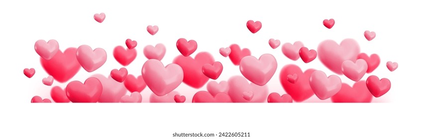 Plantilla de banner horizontal de San Valentín. Borde con bonitos globos de corazón rosados voladores. Los corazones realistas se enmarcan en el fondo blanco. Dibujo 3d vector diseño del día de San Valentín para tarjetas de felicitación, web.