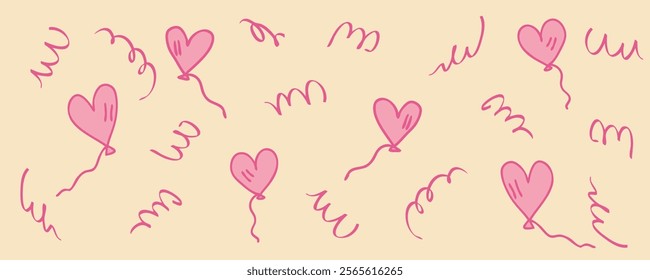Valentine's Day horizontal banner template with heart shaped flying balloons and serpentine. Festive celebration design for card, invitation, label, sale. Hand drawn vector illustration.