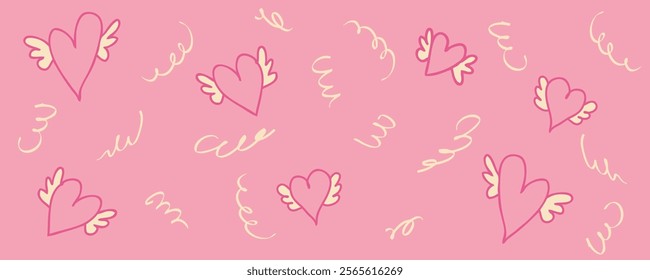 Valentine's Day horizontal banner template with flying hearts and serpentine. Festive celebration design for card, invitation, label, sale. Hand drawn vector illustration.