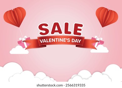Valentine's Day horizontal banner template in paper style with space for text and can be used for sale sale tag.