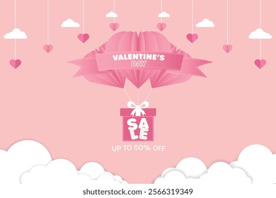 Valentine's Day horizontal banner template in paper style with space for text and can be used for sale sale tag.