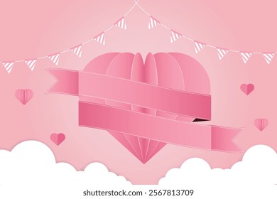 Valentine's Day horizontal banner template in paper style with space for text and can be used for sale sale tag.