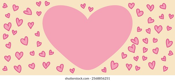 Valentine's Day horizontal banner template with empty copy space and doodle hearts. Perfect festive design for card, invitation, label, sale. Hand drawn vector illustration.