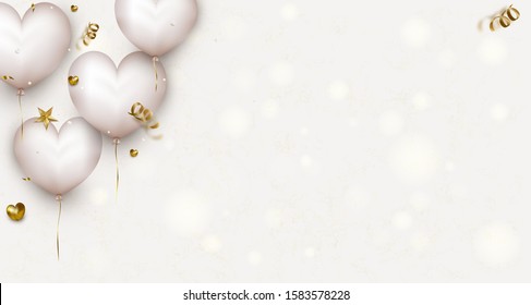 Valentines Day horizontal banners with cute white air hearts,confetti, lights. Mother's Day or Womens Day. Template for sales, invitations, promotionals.Vector background.