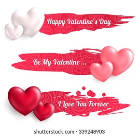 Valentine's Day Horizontal Banners with Heart Balloons and Watercolor Patterned Strokes. Vector Illustration. 