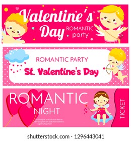 Valentines day horizontal banners. Invitations, flyers with cute cartoon Cupids characters. Promo design, tickets for party, dating night, gift vouchers