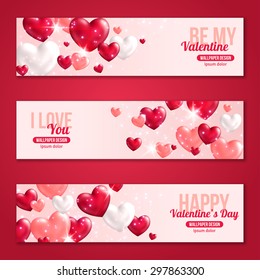 Valentines Day Horizontal Banners Set with Hearts for Holiday Design. Vector Illustration.