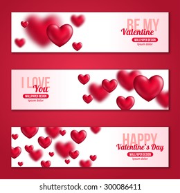 Valentines Day Horizontal Banners Set with Hearts for Holiday Design. Vector Illustration.