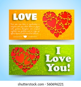 Valentines day horizontal banners with text red hearts composition on orange green icons background isolated vector illustration