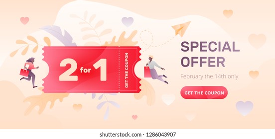 Valentine's day horizontal beige sale promotional banner with Special Offer words, 2 for 1 coupon, two tiny people characters and call-to-action 
button. 