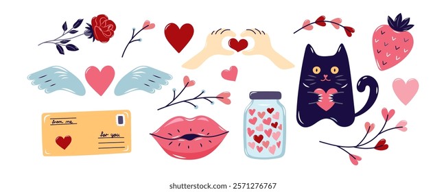 Valentine's Day horizontal Element Set. Valentine's day Collection element for design on white background. Isolated vector illustration.