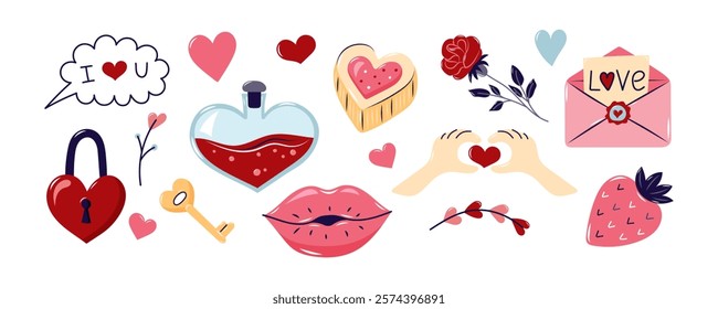 Valentine's Day horizontal Element Set. Valentine's day Collection element for design on white background. Isolated vector illustration.