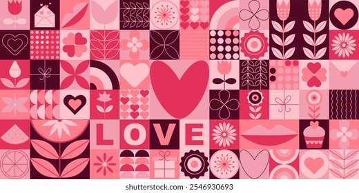 Valentine's Day horizontal geometric banner. Trendy mozaic romantic vector background. Symbols of Valentine's Day. Modern abstract design for poster, card, cover, fabric, print, wrapping paper