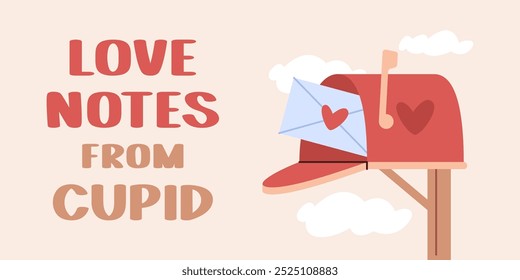 Cartel Horizontal del día de San Valentín. Buzón con una carta de amor. Ilustración vectorial de Plantilla de diseño