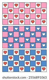 Valentines day. Horizontal Retro Checkered print with hearts. Love mood. Playful Colorful Geometric composition. Groovy Funny Y2k vibe. Simple abstract shapes. Pink and blue. Design elements