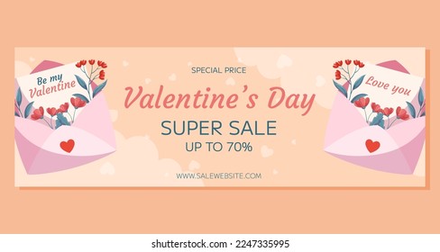 Valentine's Day horizontal Super Sale banner template design. Pink open envelop, words Love You red flowers green leaves beige backdrop. Special Price concept online shopping decorative clouds hearts
