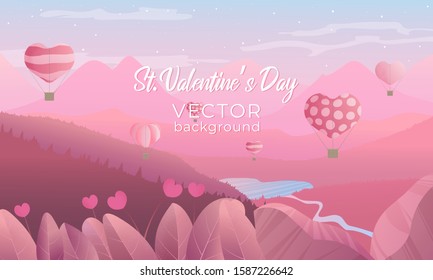 El día de San Valentín fondo vectorial horizontal con paisaje y con globos de aire en el cielo, montañas, río y bosque en colores rosas y textura de grano. Concepto de amor de vacaciones.