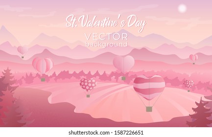 Valentines day horizontal vector background of landscape with air ballons in the sky, medow, mountins and forest in pink colours and grain texture. Best for banners, wallpaper or flyer design.