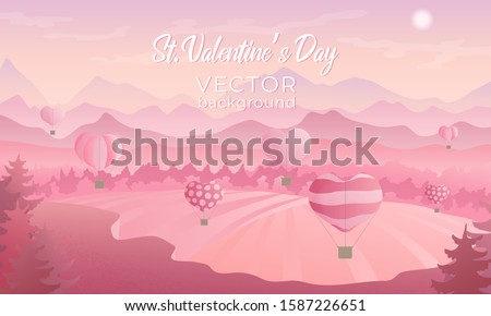 Valentines day horizontal vector background of landscape with air ballons in the sky, medow, mountins and forest in pink colours and grain texture. Best for banners, wallpaper or flyer design.