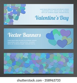 Valentines Day horizontal vector banners on blue backgrounds