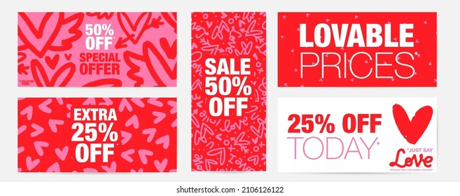 Valentines day horizontal and vertical abstract flyer or banner set. Colorful vector design in red and pink colors for shop promotion.