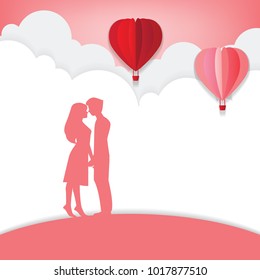Valentines day , Hot air balloon in a heart shape flying on sky vector and Illustration of love 