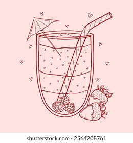 Valentine's day hot drink with cream, fruits and sweets. Vector line art for love day