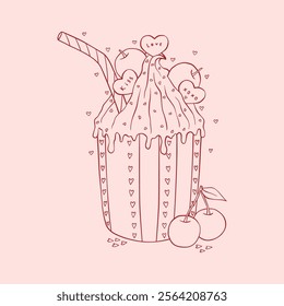 Valentine's day hot drink with cream, fruits and sweets. Vector line art for love day