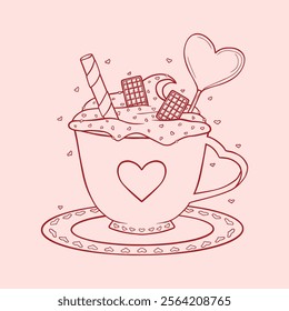 Valentine's day hot drink with cream and sweets. Vector line art for love day