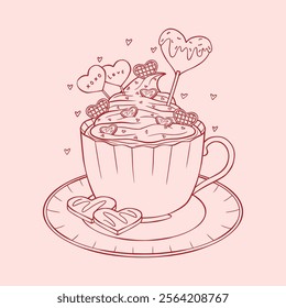 Valentine's day hot drink with cream and sweets. Vector line art for love day