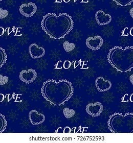 Valentine's Day, the human heart, love Background texture.  Endless abstract pattern. Blue snowflakes.