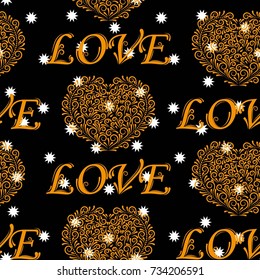 Valentine's Day, the human heart, love Background texture.  Endless abstract pattern. Small white snowflakes on a black background.