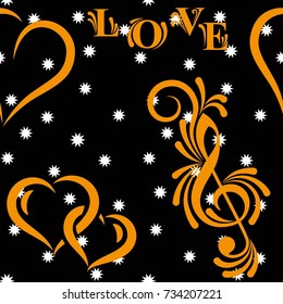 Valentine's Day, the human heart, love Background texture.  Endless abstract pattern. Small white snowflakes on a black background.