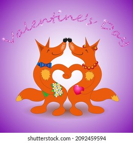 Valentine's Day humorous card with a pair of red foxes in love on a light purple background