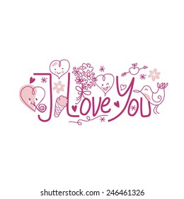 Valentines Day "I Love You" text with cute elements