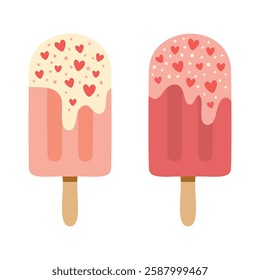 Valentines day ice cream vector set with hearts and sprinkles