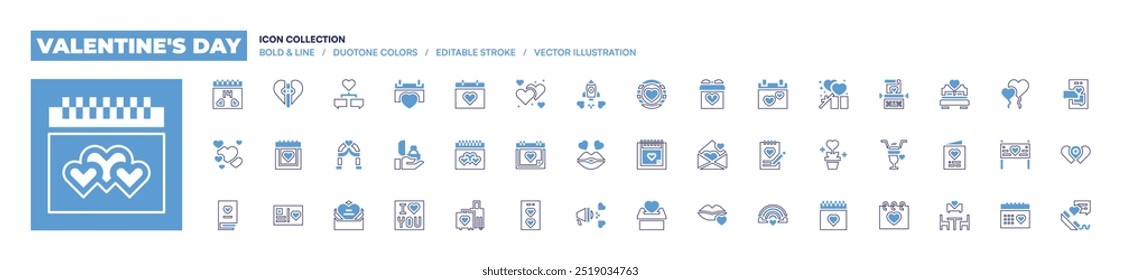 Valentine's day icon collection. Bold line style. Duotone colors. Editable stroke. gift, kiss, letter, heart, rocket, megaphone, smartphone, honeymoon, valentines day, wedding day, hearts.