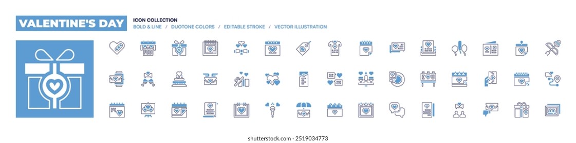 Valentine's day icon collection. Bold line style. Duotone colors. Editable stroke. love message, chat, menu, wedding date, letter, calendar, label, valentines day, dating, shirt.