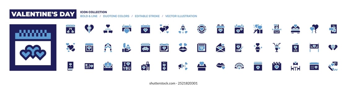 Valentine's day icon collection. Bold style. Duotone colors. wedding arch, book, chat, letter, postcard, romantic date, heart, valentines day, gift box.