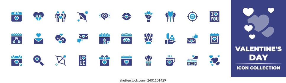 Valentine's Day icon collection. Duotone color. Vector and transparent illustration. Containing romantic date, kiss, valentines day, wedding day, cupid, target, heartbreak, love message, radio, neon.