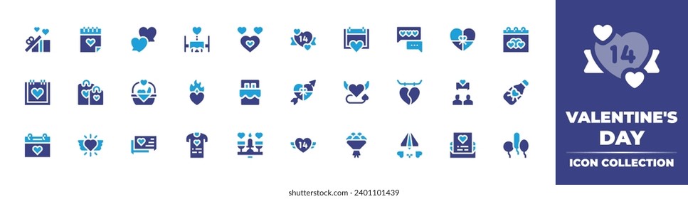 Valentine's Day icon collection. Duotone color. Vector and transparent illustration. Containing present, valentines, valentines day, chocolate, champagne, dating, ballons, conversation, texting, date.