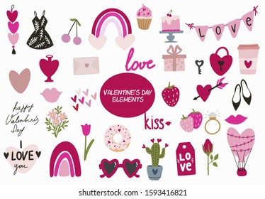 Valentine's day icon collection in flat design style. To create cards, tags, invitations, and recognitions. Isolated vector illustration. Suitable for printing on textiles, posters, t-shirts.