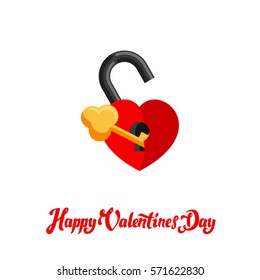 Valentine's Day Icon, Design element.Valentine's Day Lettering design. Flat Icon with the image of a padlock in the form of a heart and key to it