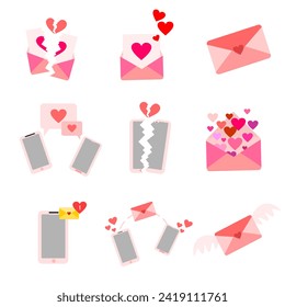 Valentine's day icon desserts and decors set isolated on white background. valentine icon about message. including letters, envelopes, cell phones, chatting, notification, heart, broken heart