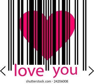 Valentine's Day Icon. Emo love concept - pink heart marked by barcode with words LOve you beneath on white background