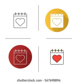 Valentine's Day icon. Flat design, linear and color styles. Calendar. February 14 day. Isolated vector illustrations