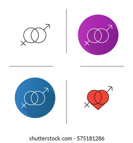 Valentine's Day icon. Flat design, linear and color styles. Interlocked man and woman symbols in heart. Isolated vector illustrations